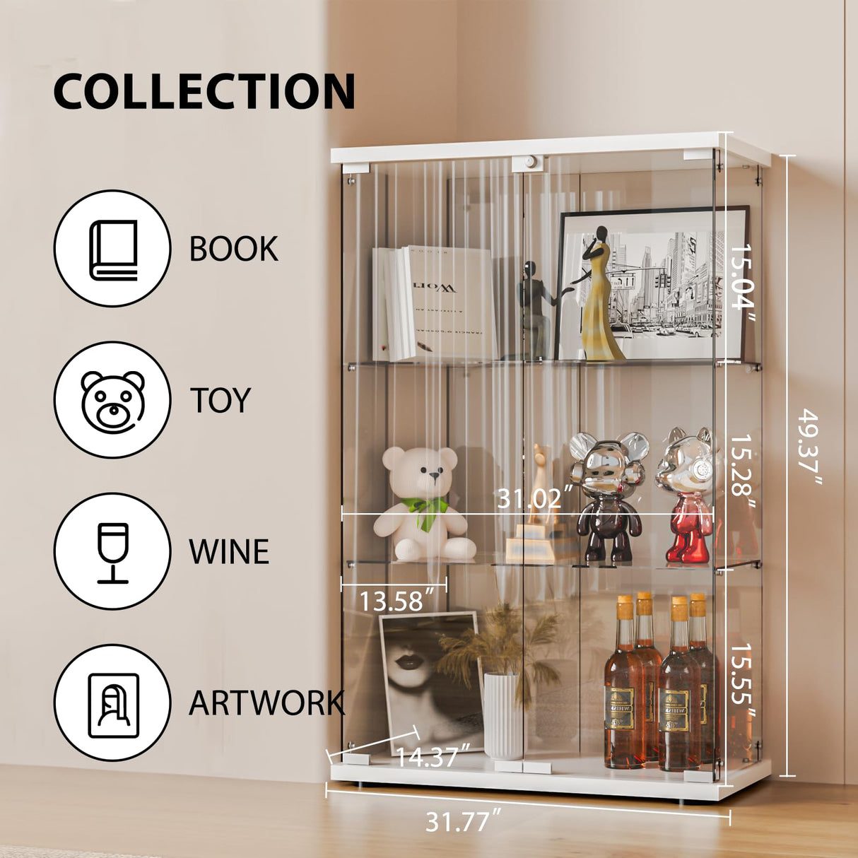 FANYUSHOW Glass Display Cabinet with Double Door and Lock, Quick-Install Style 3-Shelf Curio Cabinet 5mm Tempered Glass Floor Standing Bookshelf for Living Room, Bedroom, 49" H x 32''L x 14''W (White) FANYUSHOW
