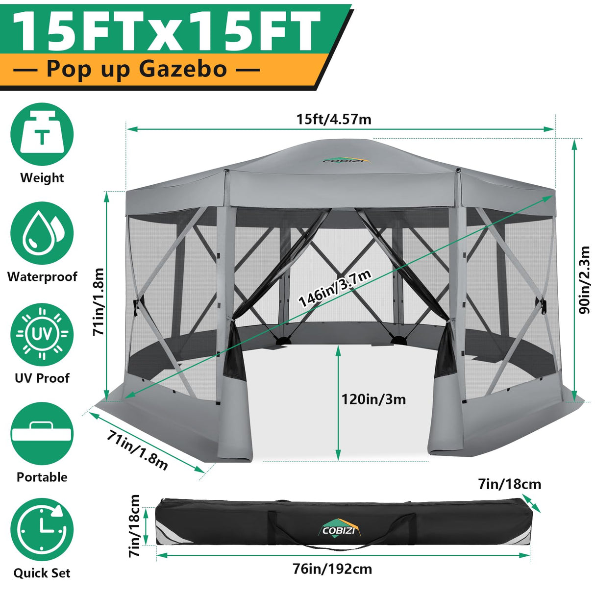 COBIZI Pop Up Gazebo Screen Tent Screen House for Camping, 15x15 Screen Room with Mosquito Netting, Hub Tent Instant Screened Canopy with Carrying Bag and Ground Stakes, Gray COBIZI