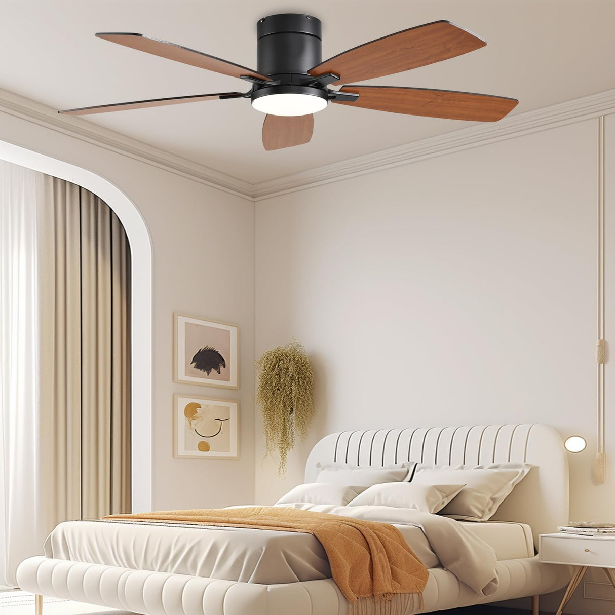 FUMLTP 52inch Ceiling Fans with Lights, Low Profile Ceiling Fan with Light and Remote Control/APP Control, Flush Mount, Reversible Motor, Dimmable, Noiseless, Brown Ceiling Fan for Bedroom (Brown FUMLTP