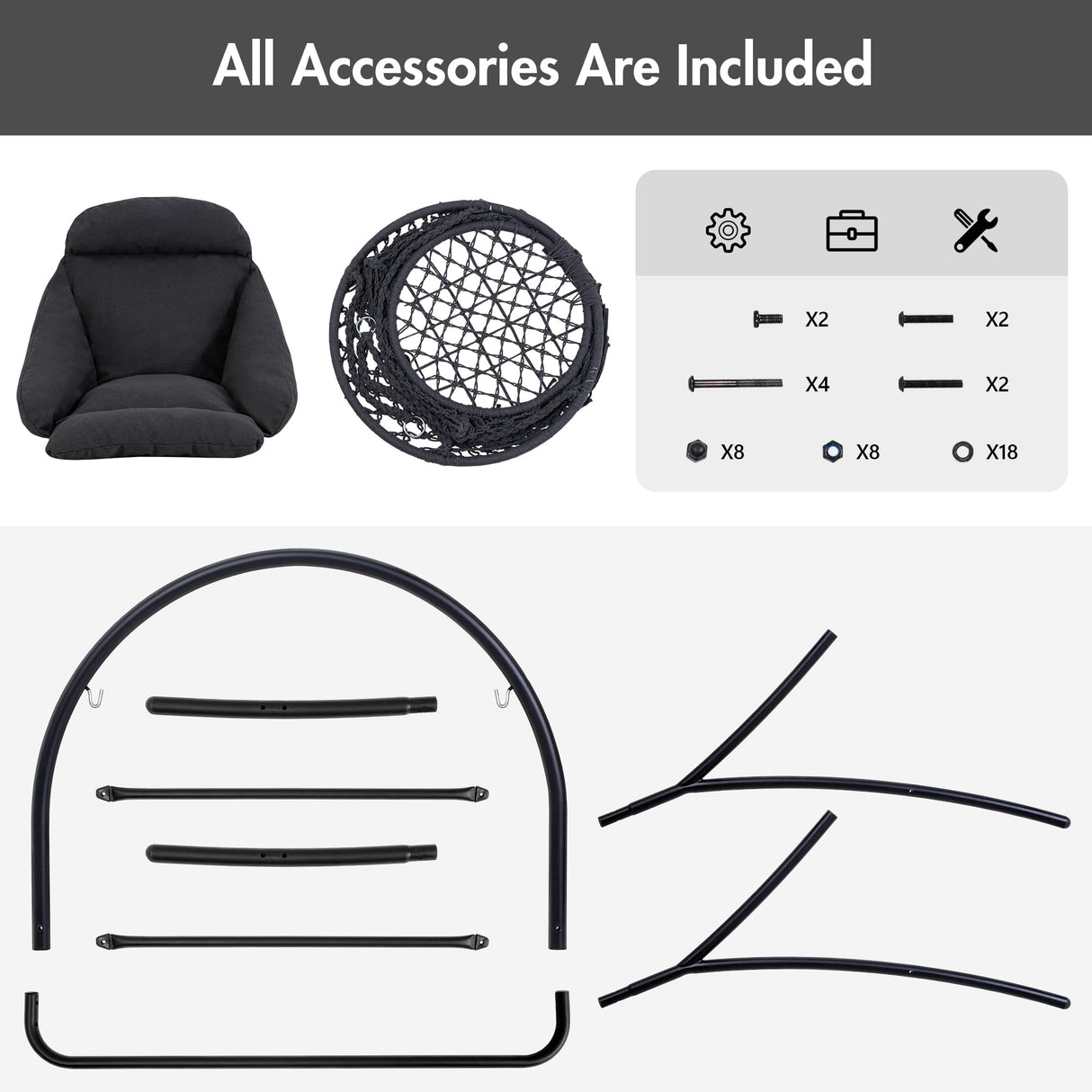 ANOW Hanging Swing Chair with Stand Included, Heavy Duty Hammock Chair with Stand and Removable Padded Cushion, Max 330 Lbs, Dark Grey ANOW