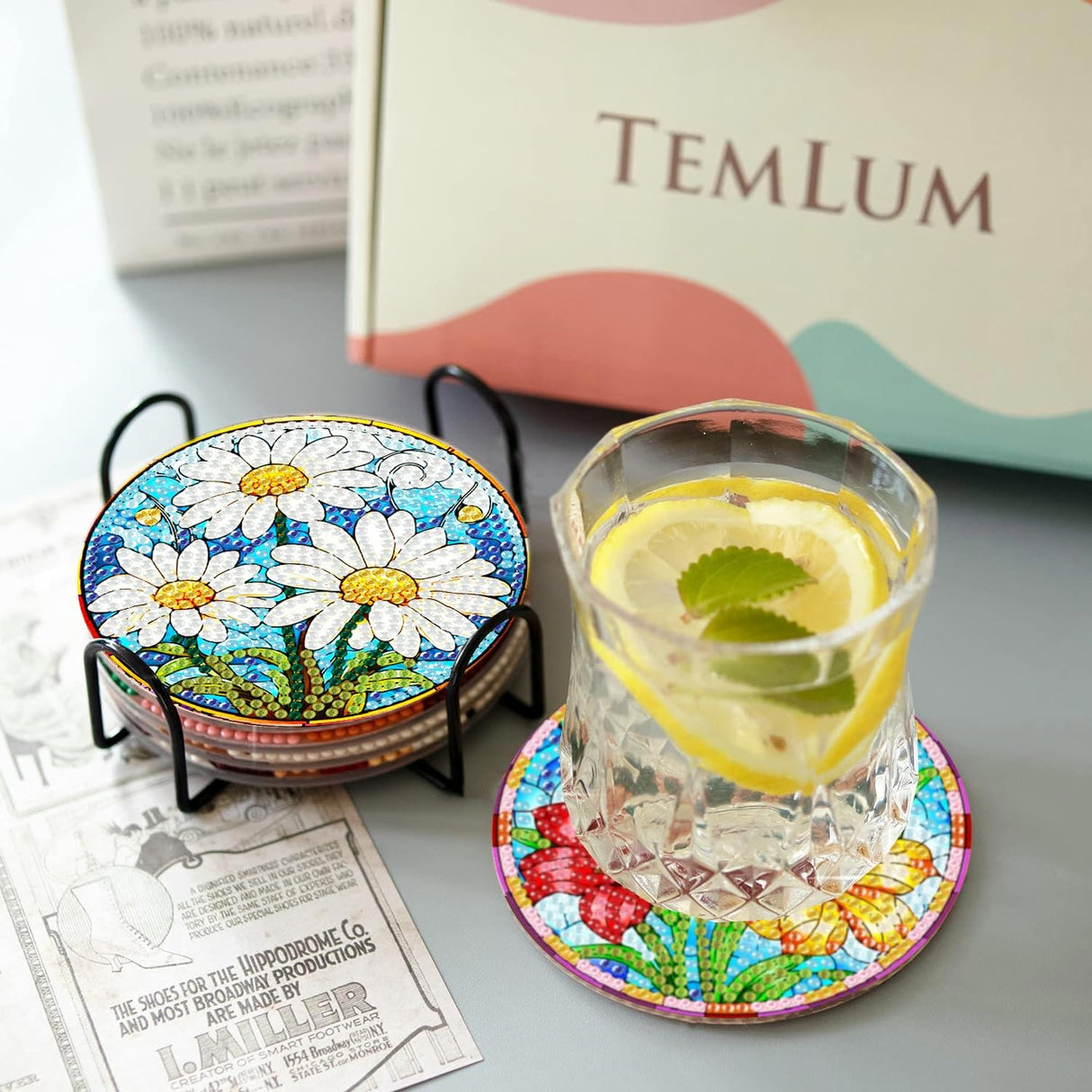 8 Pcs Flower Diamond Painting Coasters Kit with Holder, DIY Flowers Diamond Coaster Non-Slip Coaster for Adults, Crystal Full Drill Rhinestone Diamond Art Diamond Painting Kit Supplies LWZAYS