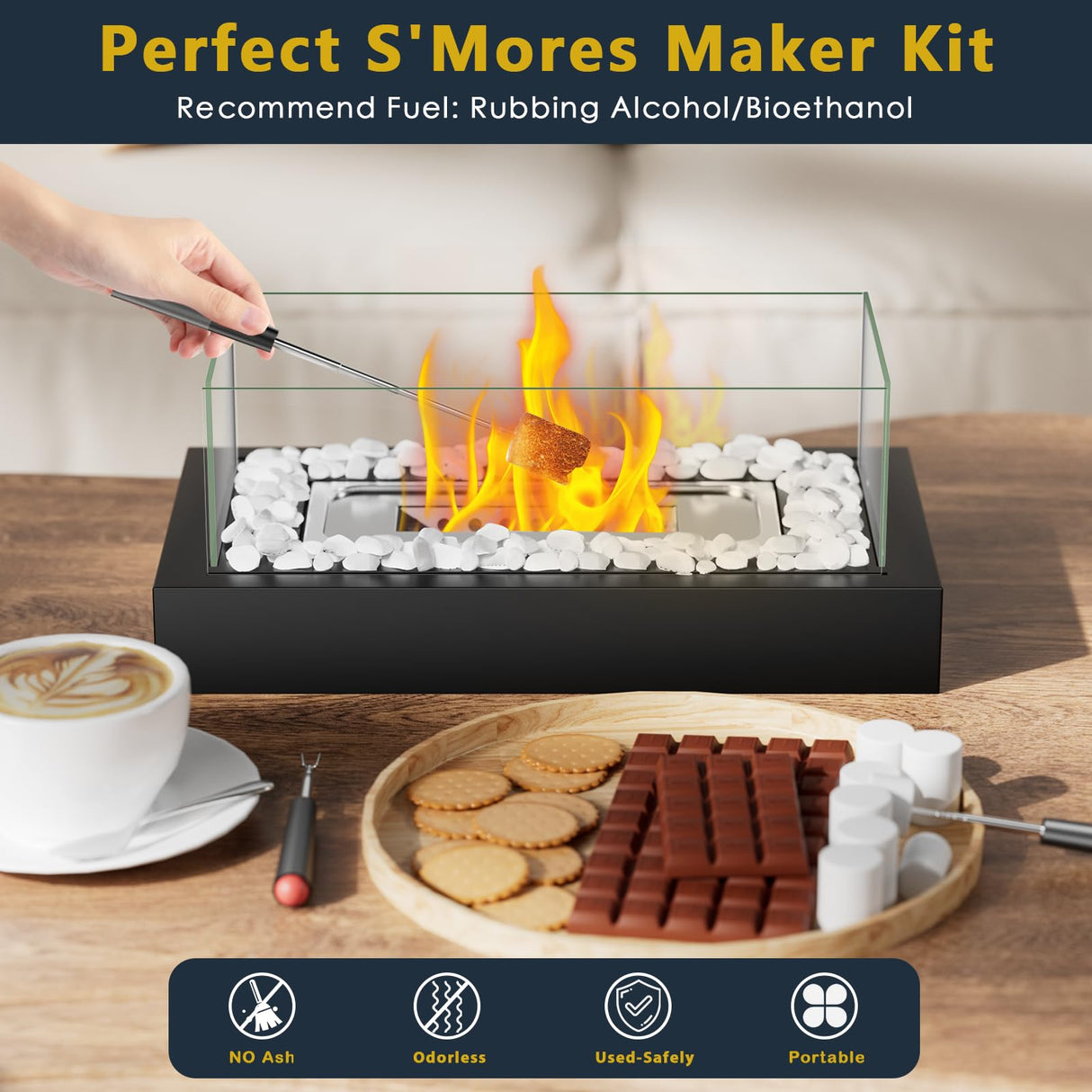 Tabletop Fire Pit, Portable Smores Maker Kit Indoor/Outdoor Mini Small Fireplace Table Top Decor Home Patio Gifts for Women Mom Housewarming Christmas Birthday White Elephant Gift Quosio
