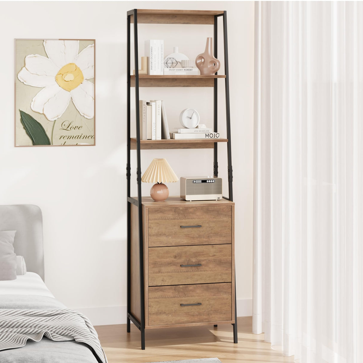 BOTLOG Industrial Ladder Bookshelf with 3 Fabric Storage Drawers, 4-Tier Bookcase, Display Standing Shelf Unit Storage Organizer for Living Room, Entryway, Office, Rustic Brown BOTLOG