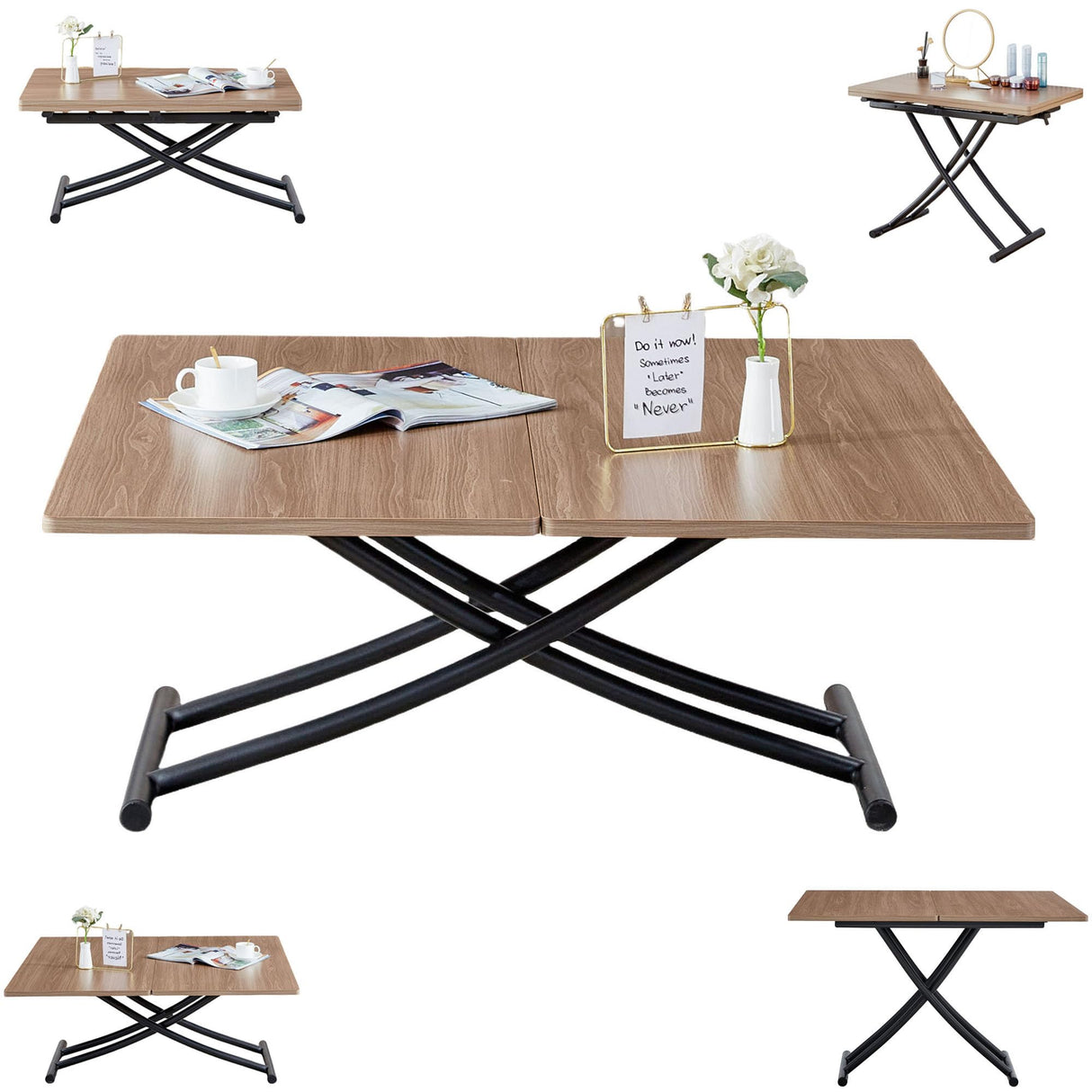 Multifunctional Folding Table, Lift Top Coffee Table Convertible to Dining Table, Height Adjustable Wooden Dinner Table with Metal Legs, Modern for Small Spaces Dining/Living Room/Kitchen EXVQMU