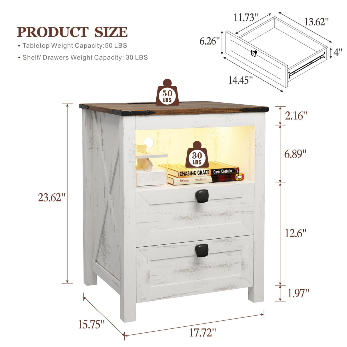 FREDEES Farmhouse Nightstand with Charging Station & Power Outlets, Smart LED Night Stand with Human Sensor 3 Color Lights&Drawers, Farmhouse End Side Table for Bedroom/Living Room, Antique White FREDEES