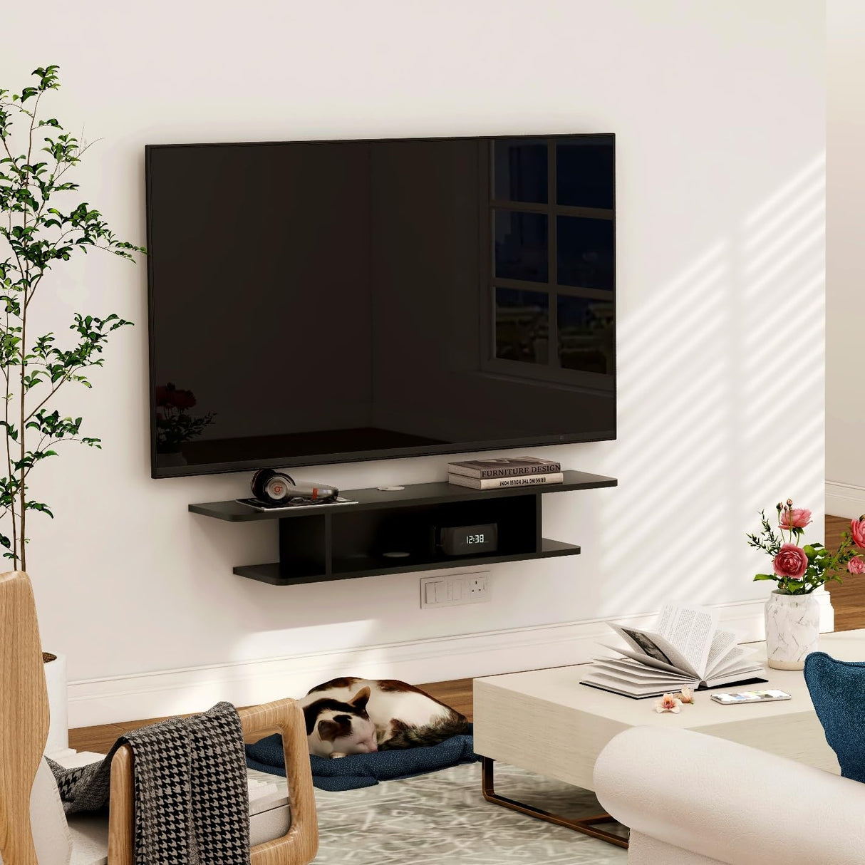 GHC Floating TV Stand, Wall Mounted Entertainment Center and Cabinet Shelf, TV Console with Storage, Media Console for DVD Player, Space-Saving Under TV Shelf for Bedroom, Living Room (Black) GHC