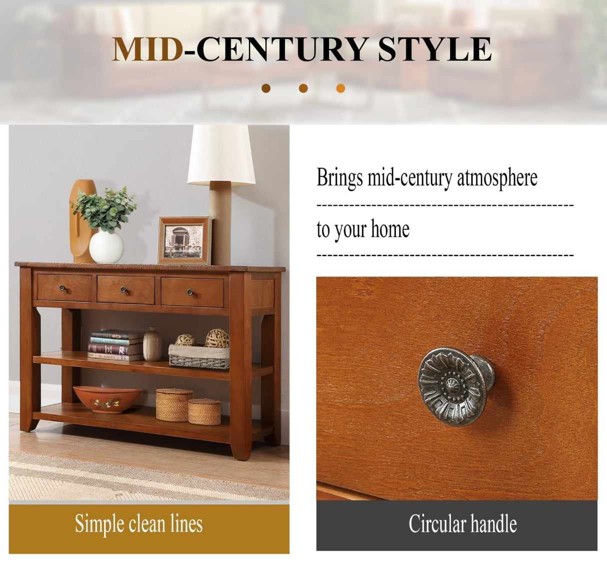 YWUFUART 48 Inch Solid Wood-Console Table-Sofa Table-Storage Cabinet with 3 Drawers and 2 Shelves for Entryway Hallway Living Room (Brown) YWUFUART