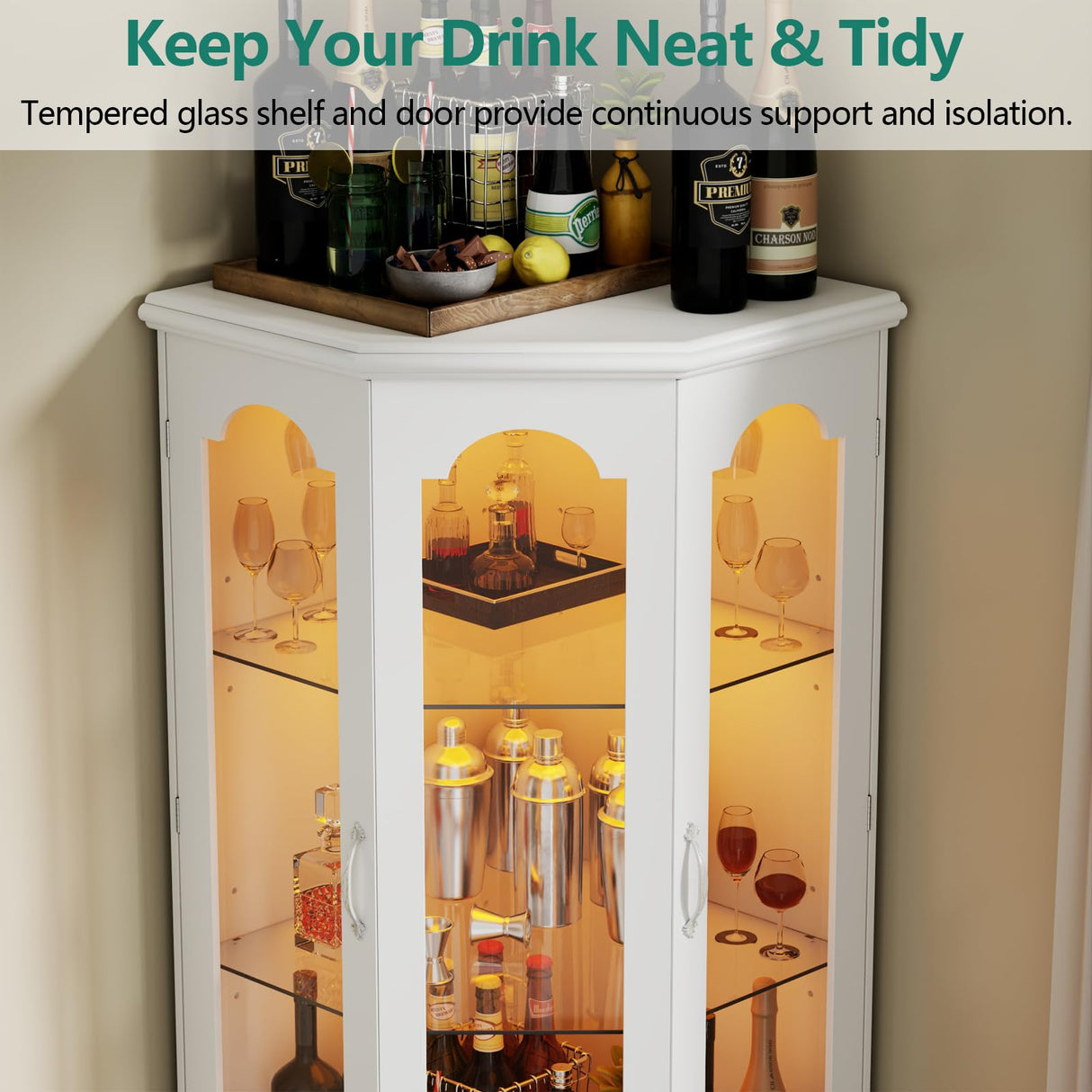 Gyfimoie Corner Bar Cabinet w/LED Lights, Tall Modern Wine Cabinet with Tempered Glass Door & Adjustable Shelves, Home Bar Liquor Storage Cabinet with Glass Rack for Living Room, Dining Room (White) Gyfimoie