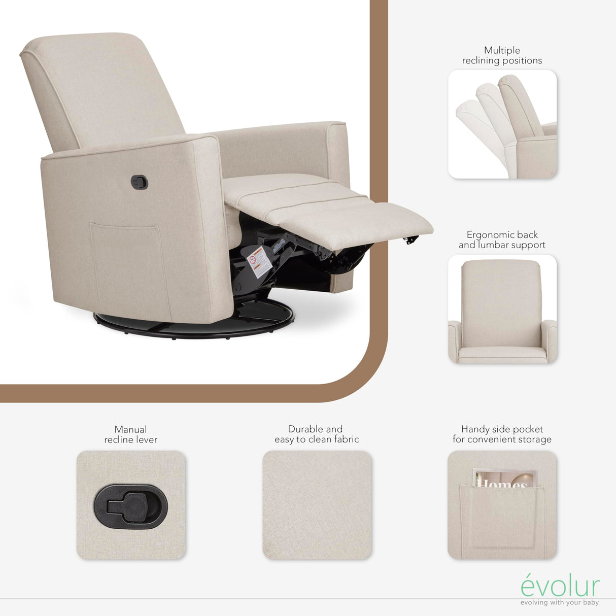 Evolur Raleigh Glider in Light Sand, Upholstered Plush Seating 360° Swivel Glider Rocking Chair, FSC Certified, Greenguard Gold & JPMA Certified Nursery Glider Recliner Evolur