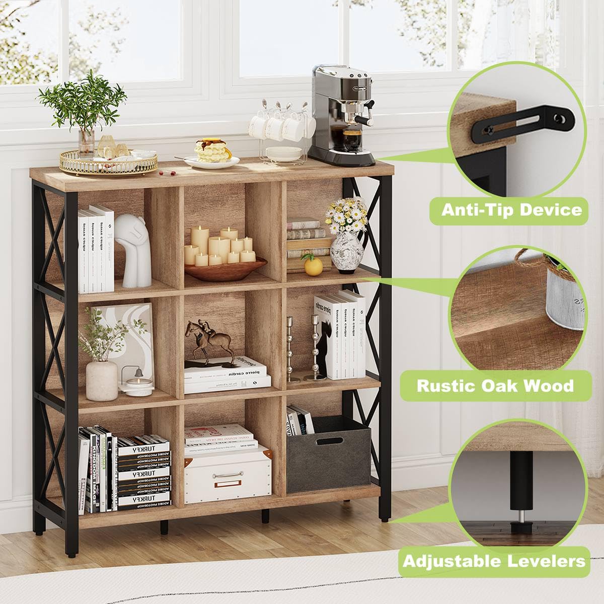 FATORRI 9 Cube Storage Bookshelf, Industrial 4 Shelf Book Shelf, Farmhouse Wood and Metal Cubby Bookcase for Home Office (39.37" W, Rustic Oak) FATORRI