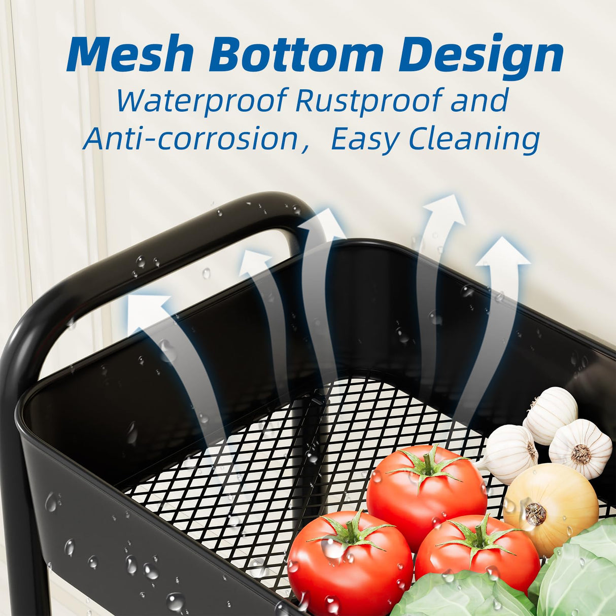 MWQ Heavy Duty Rolling Cart, Mesh Utility Storage Cart with Lockable Wheels for Kitchen, Bathroom, Office, 3-Tier Metal, Black MWQ