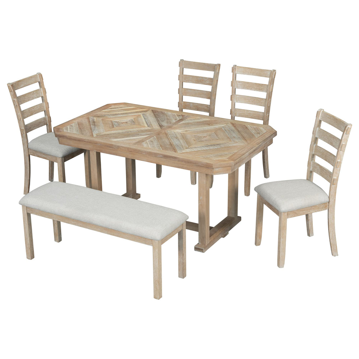 LUMISOL 6 Piece Solid Wood Kitchen Dining Room Table Set with Bench and Chairs, Farmhouse Rustic Dining Table Set with Recantgle Table with Wood Grane and Upholstered Seating, PitchNatural Wood Wash LUMISOL