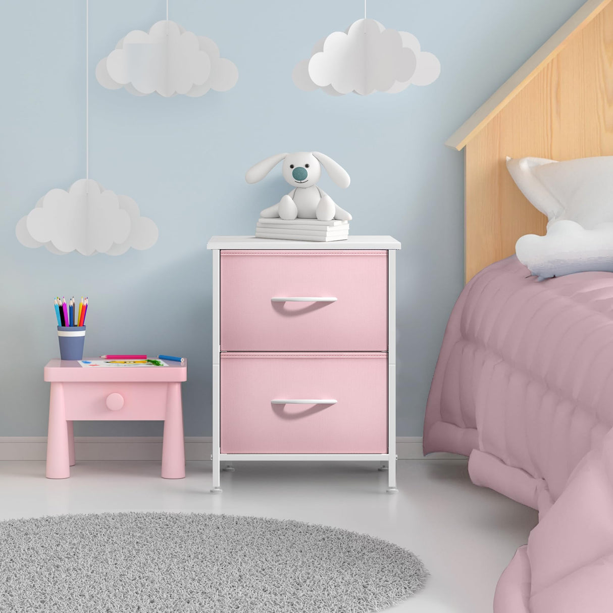 Sorbus Nightstand with 2 Drawers - Kids Bedside Furniture End Table Night Stand - Steel Frame, Wood Top & Easy Pull Fabric Bins - Dresser & Chest for Home, Bedroom Accessories, Office & College Dorm Sorbus