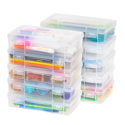IRIS USA Big Capacity Plastic Pencil Case Box Craft Hobby Art School Office Supply Stackable Storage Organizer Container Pouch with Snap Lid, 10-Pack, Pens Journaling Washi Tape Sticker, Clear, Medium