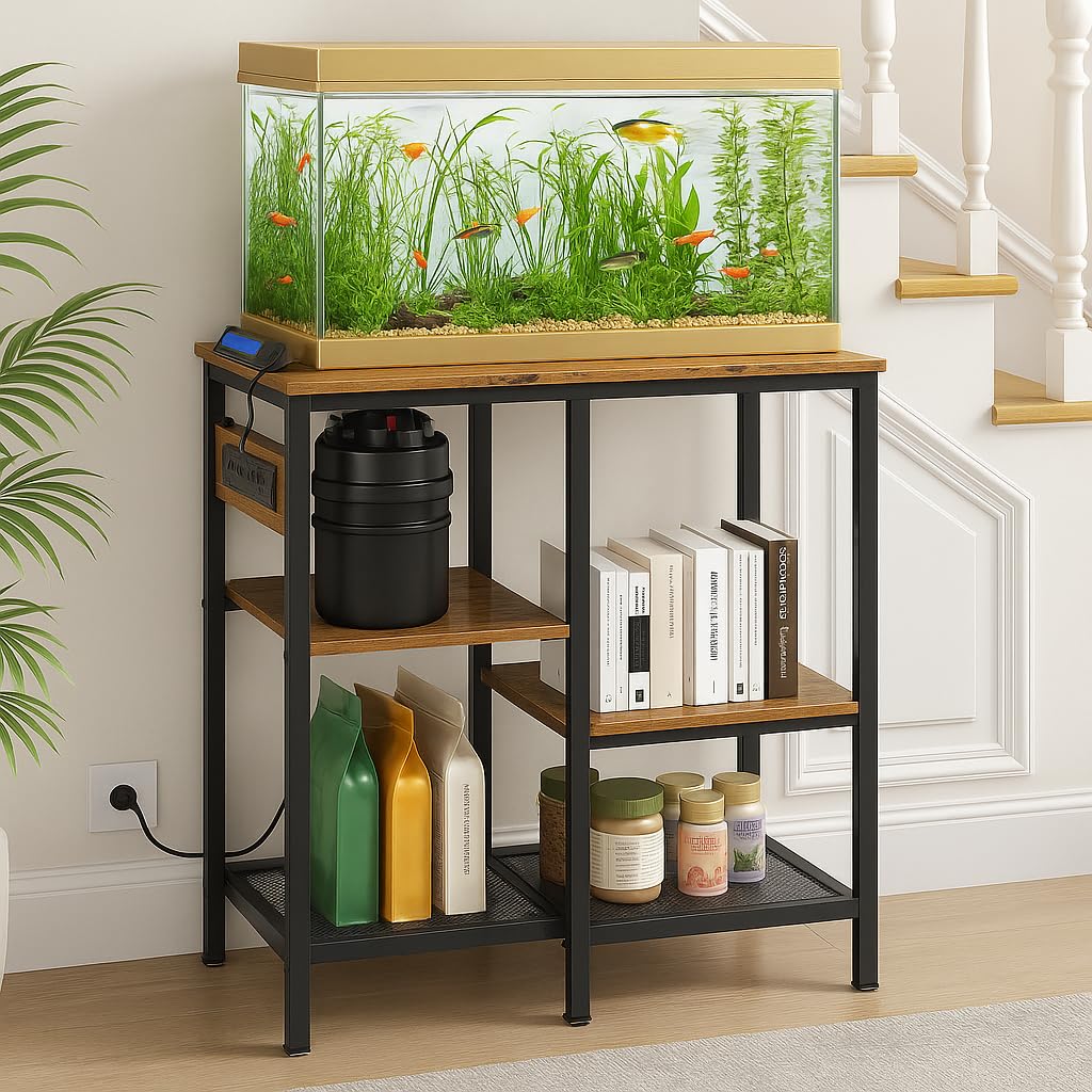 20-29-37 Gallon Fish Tank Stand with 3 Power Outlet 2 USB Port, Metal Aquarium Stand with 4-Tier Adjustable Storage Shelves, 30''L* 13''W*30''H Reptile Tank Stand, Fish Tank Table, 500lbs Capacity SECOCTSR