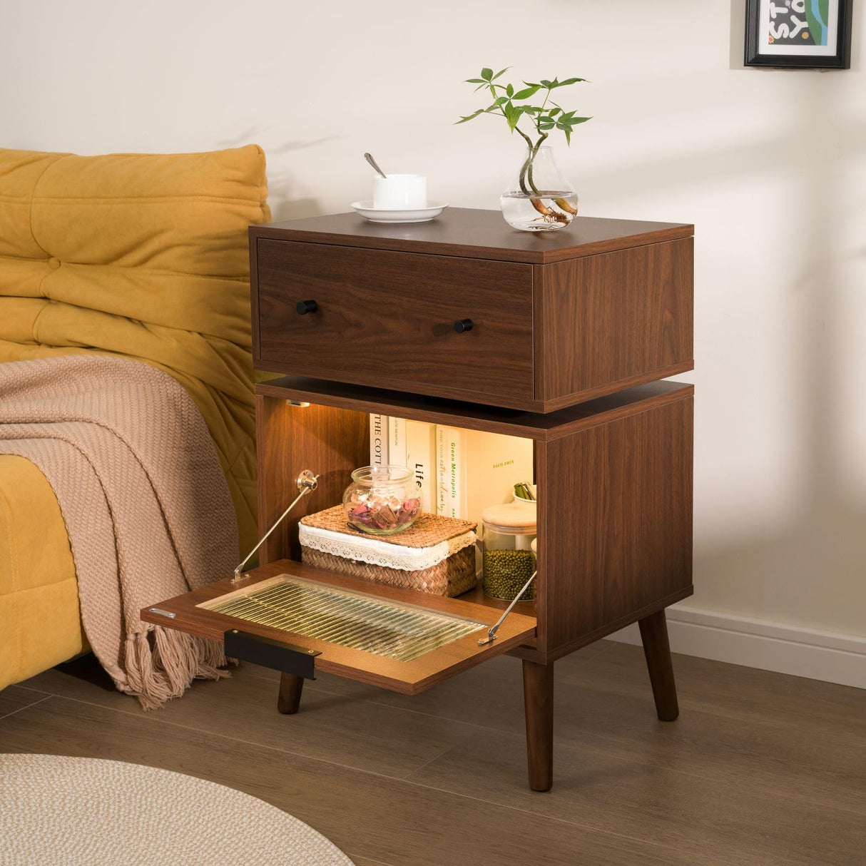 Cubehom LED End Table with Glass Top LED Side Table with Wooden Legs Modern Bedside Table with Drawers for Bedroom Living Room Cubehom