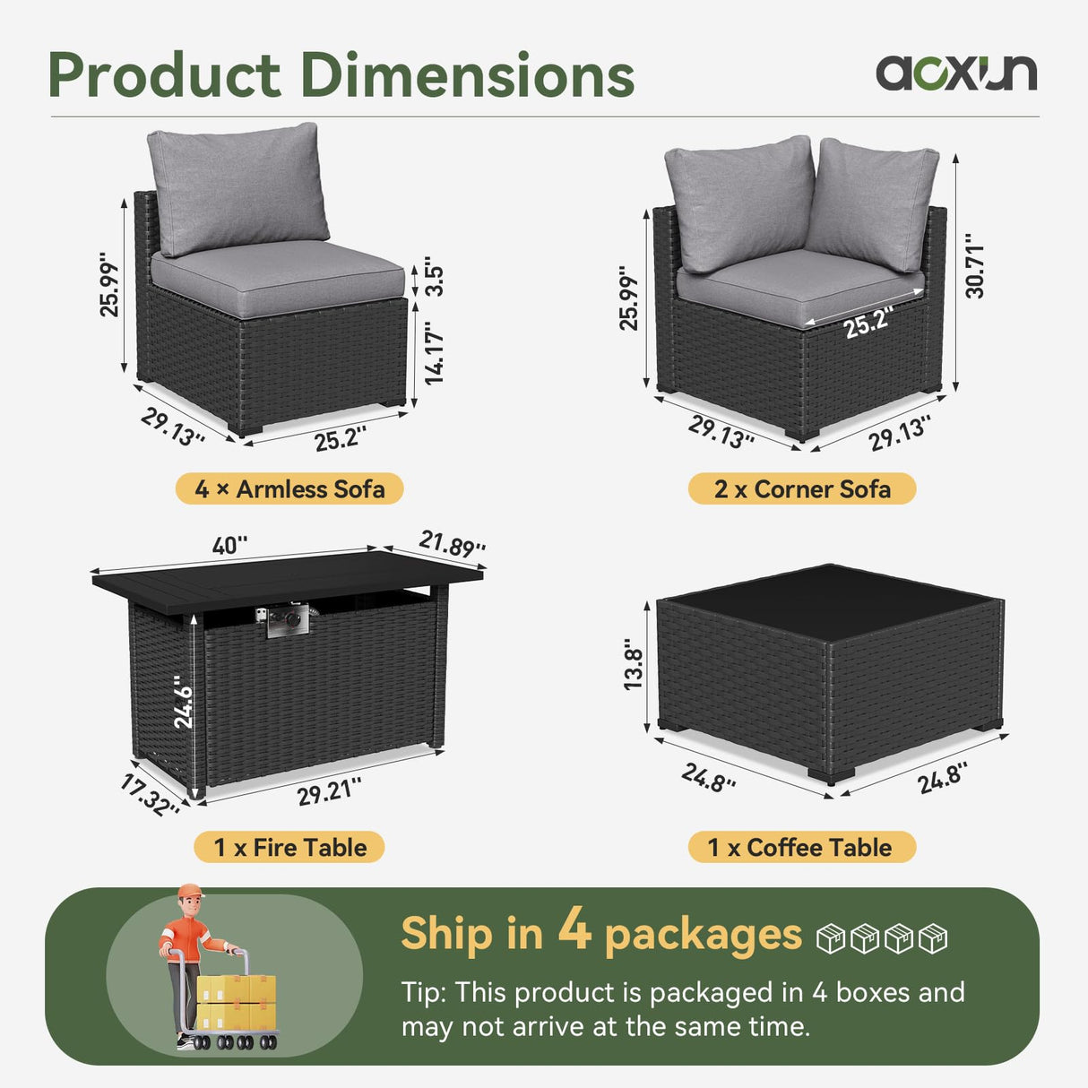 Aoxun 8 Piece Patio Furniture Set with 44” Fire Pit Table Wicker Rattan Patio Sectional Sofa Set Outdoor Seating Furniture with Thickened Cushion, Grey Aoxun