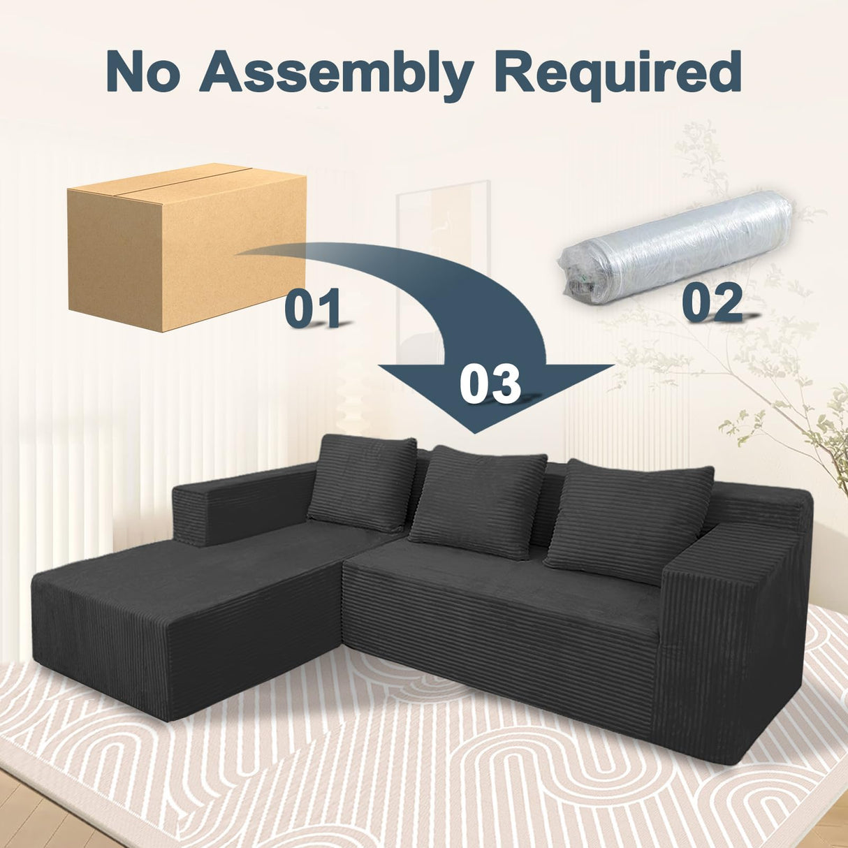 ANONER 103" Modular Sectional Sofa, L-Shaped Cloud Couch with Chaise, Corner Sofa with Deep Seat, Modern Minimalist Boneless Couch, Sectional Couches for Living Room, Apartment (Dark Grey) ANONER