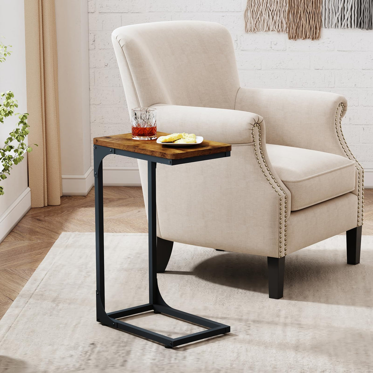 QEEIG Narrow C Shaped Side Table Set of 2 Living Room Sets Slim Couch Tray Tables Skinny Thin Small Farmhouse 9.5 inch Width, Rustic Brown (017-24BN) QEEIG