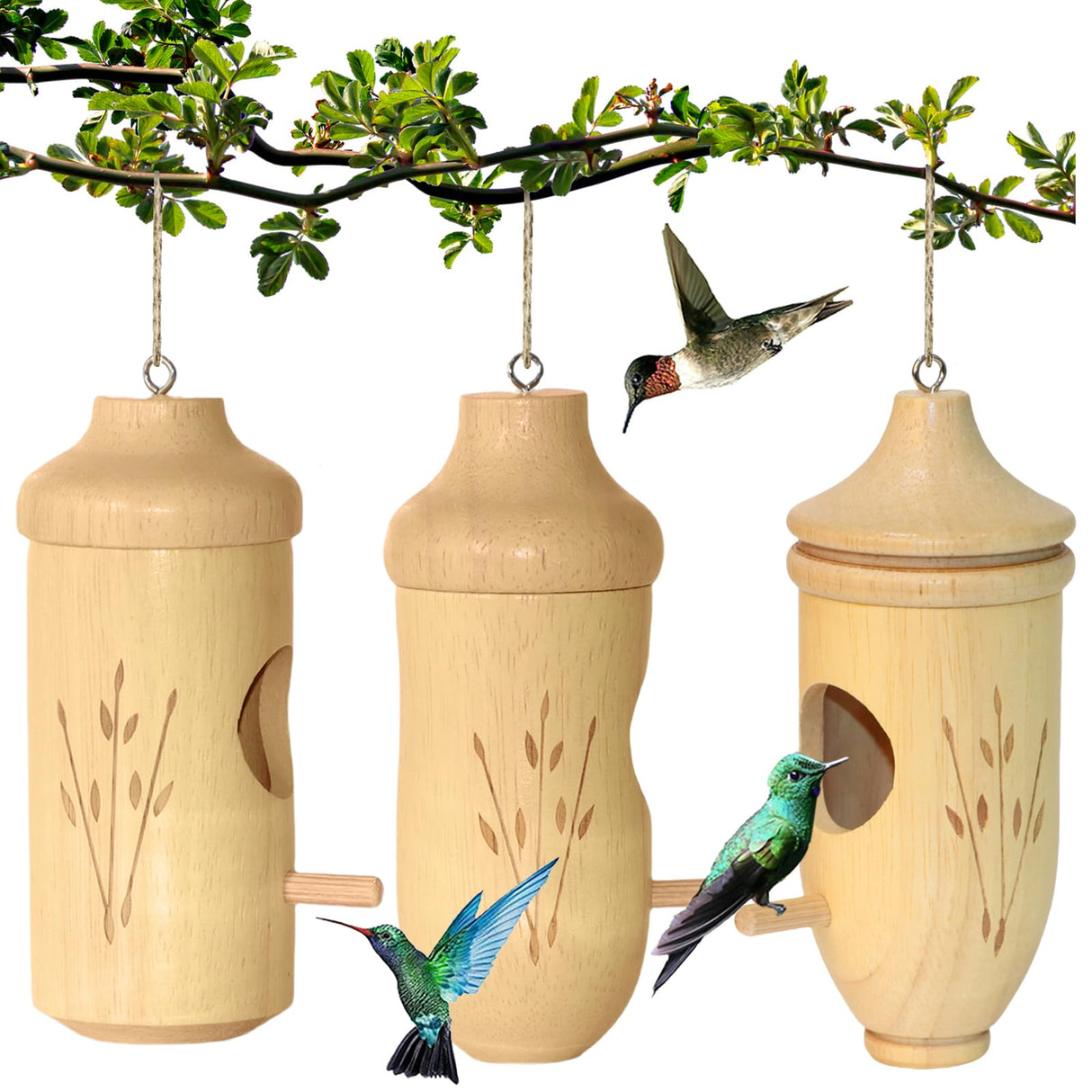 Hummingbird House - Natural Wooden Hummingbird Houses for Outside Hanging, Gardening Gifts Home Decoration 3 Packs OROGHT