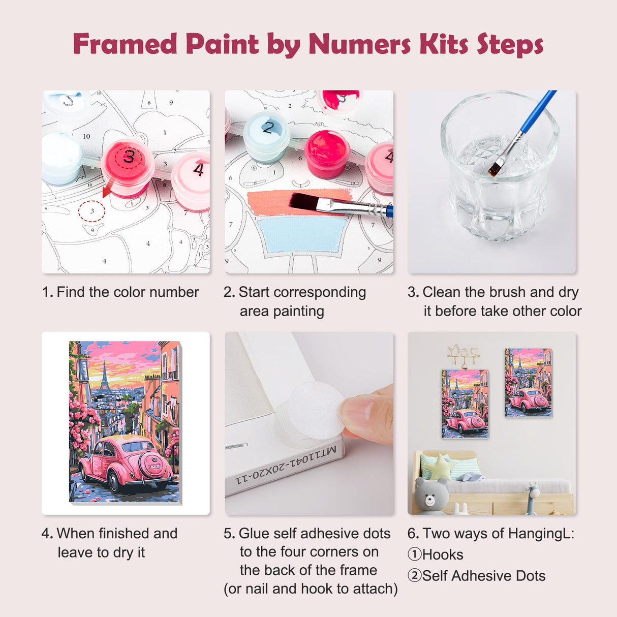 MOGTAA Pink Car Paint by Numbers Kit for Adults Beginners with Frame, Flowers Adult Paint by Number Kits on Canvas with Easel, Easy DIY Oil Painting Kits for Home Decor, 8x12in MOGTAA