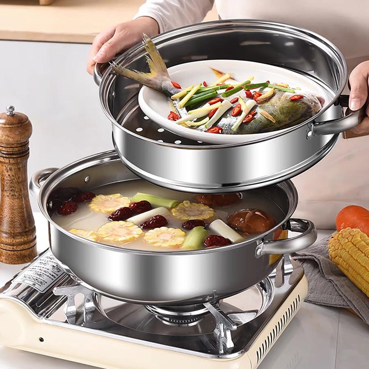 Steamer Pot for Cooking,Stainless Steel Steamer Pot,11 inch Steam Pots with Lid 2-tier for Cooking Veggies Fish Seafood Noodles, Pasta, Food JMTEEA