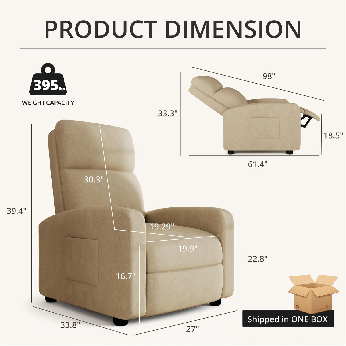 zzlay Recliner Chair for Living Room, Modern Adjustable Home Theater Seating Single Sofa Manual Push Back Armchair with Soft Linen Upholstery & High Backrest for Small Spaces, Linen-Cream zzlay
