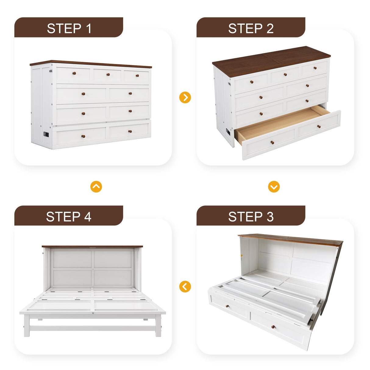 BIADNBZ Full Size Murphy Bed Chest with Charging Station and Large Storage Drawer, Solid Pine Wood Foldable Platform Bedframe for Home/Office/Bedroom, White+Walnut BIADNBZ