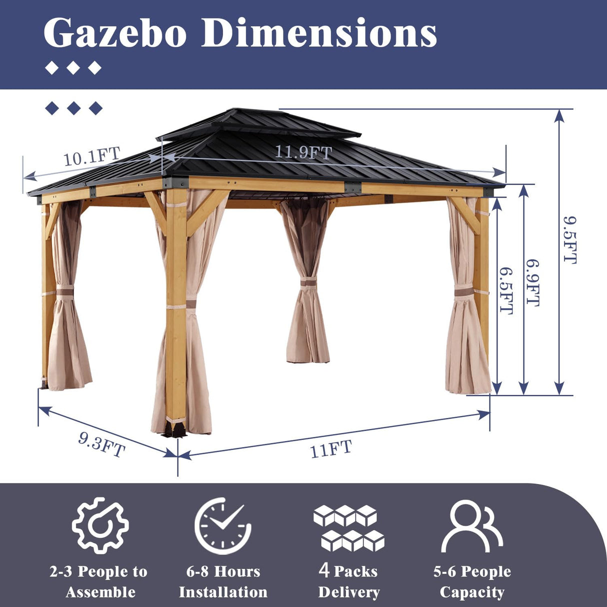 CHARMELEON 10'x12' Wood Gazebo,Patio Cedar Wood Gazebo with Mosquito Netting and Curtains, Galvanized Steel Hardtop Pavilion for Outdoor, Garden, Deck CHARMELEON