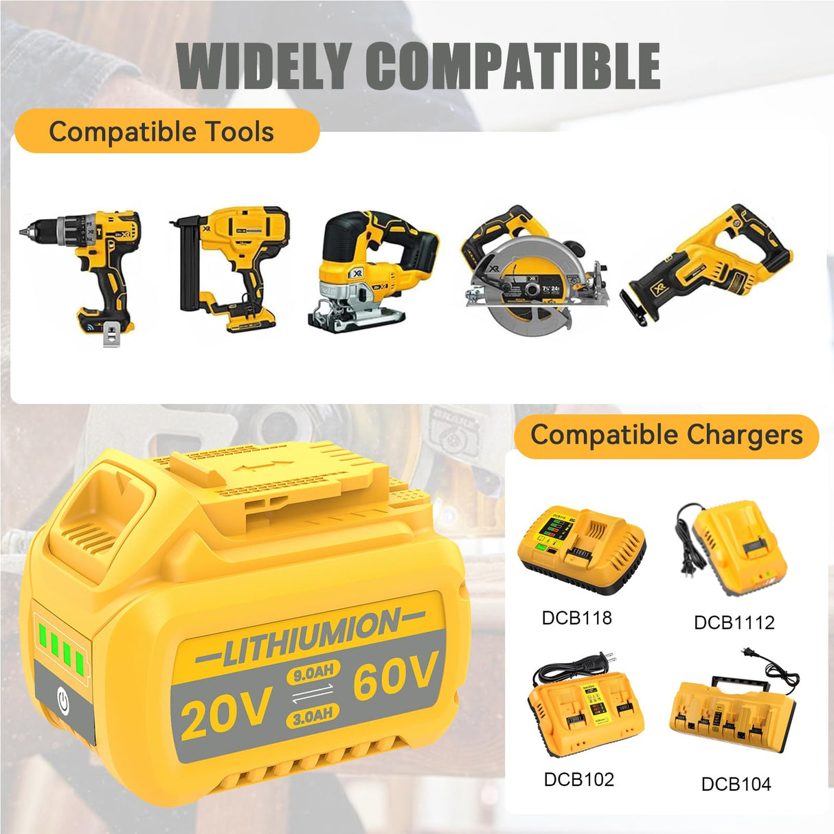 JUNWOOD 1Pack 9.0Ah Replacement for Dewalt 20V 60V Flexvolt Battery Lithium Compatible with DCB606 DCB609 DCB612 DDCB200 DCB201 DCB203 DCB204 DCB206 DCB207 DCB209 JUNWOOD