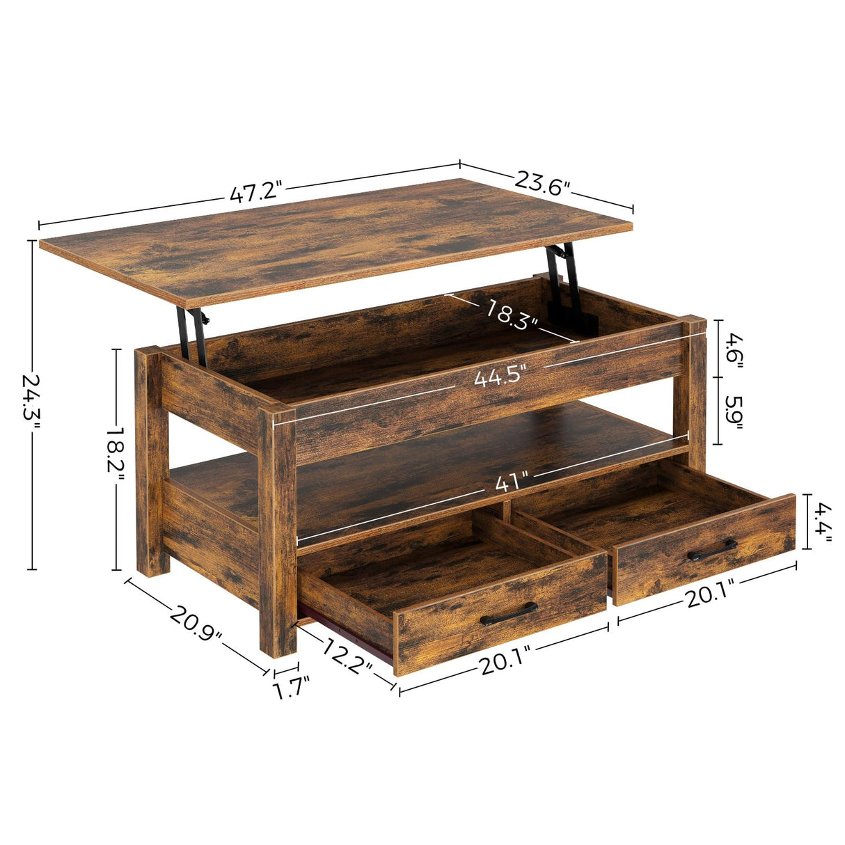 Rolanstar Coffee Table, 47.2" Lift Top Coffee Table with Drawers and Hidden Compartment, Retro Central Table with Wooden Lift Tabletop, for Living Room, Rustic Brown Rolanstar