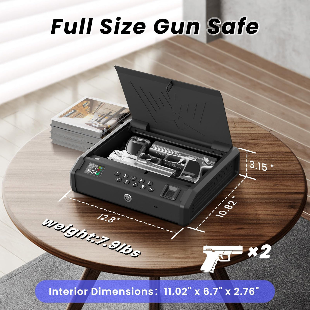 MOJOHAND Gun Safe for Pistols with LCD Display of Temperature Humidity, Fingerprint Quick-Access, Firearm Safety Device with Keys, Smart Handgun Safe for Nightstand, Car, 2 Gun Capacity MOJOHAND