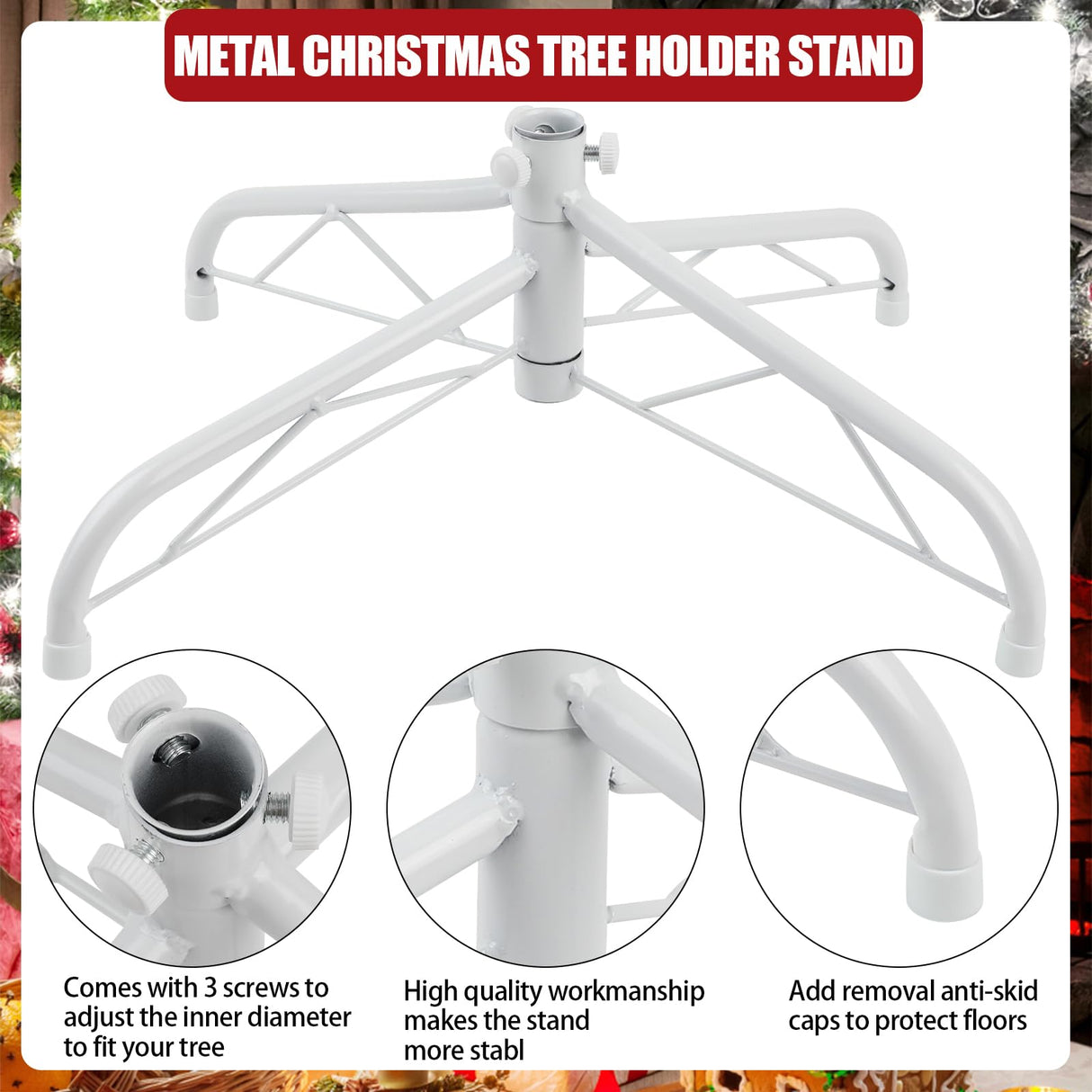 CCINEE Metal Christmas Tree Stand, Universal Folding Xmas Tree Stand 15.7 Inch Replacement Tree Stand Base for 3 Ft to 6 Ft Christmas Artificial Trees Fake Tree, White CCINEE