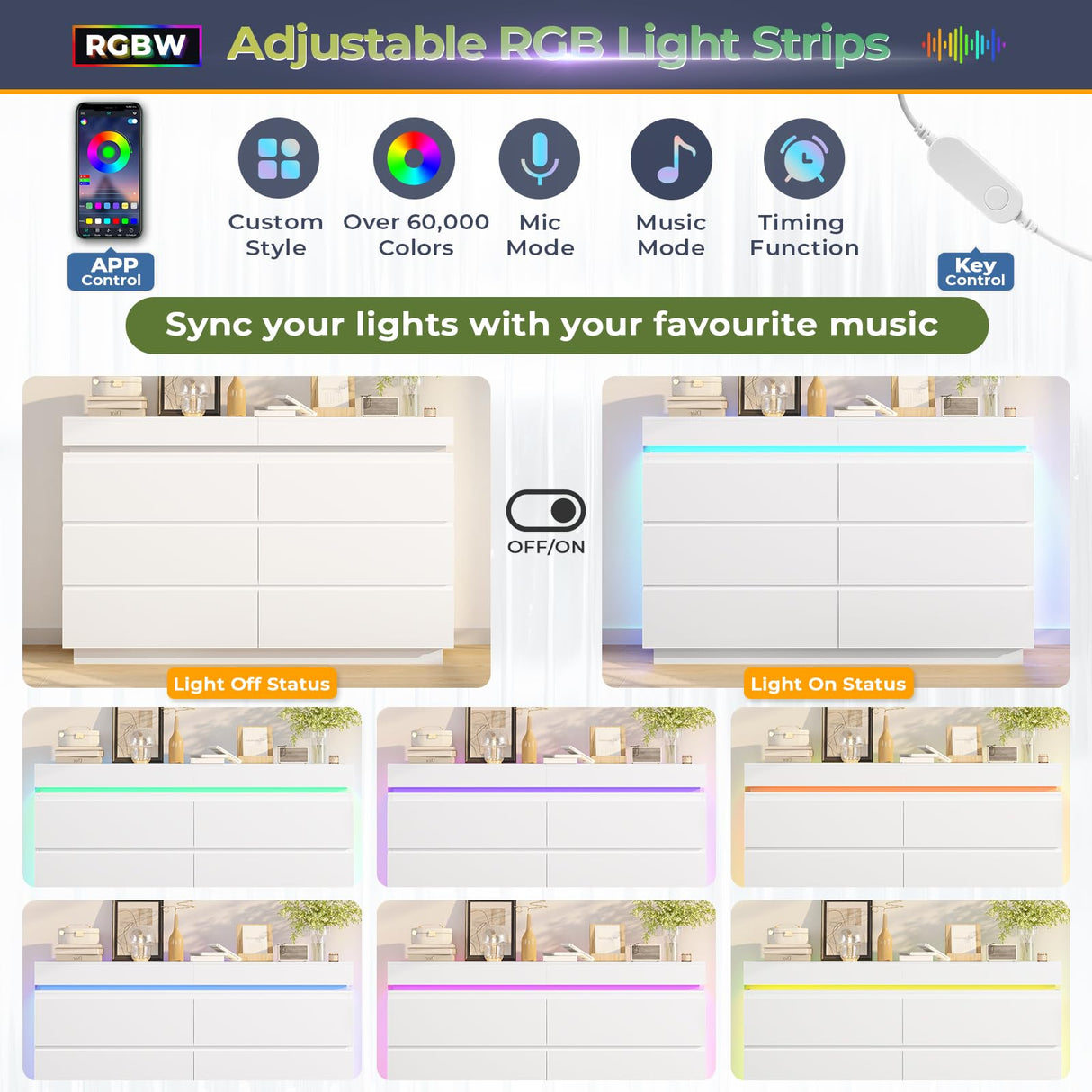 DICTAC Modern 6 Drawers White Dresser with Sliding Desktop, Wide Chest of Drawers with Charging Station & LED Lights, Large Storage Tower Clothes Organizer, White Dresser for Bedroom DICTAC