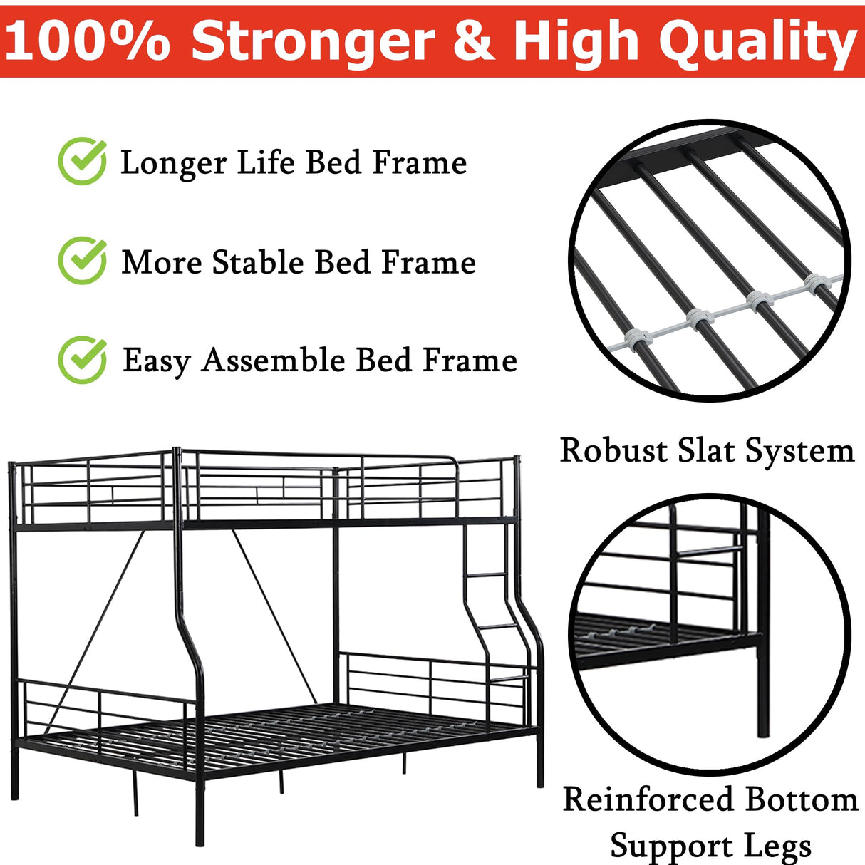 FUSVZ Metal Full XL Over Queen Bunk Beds for Adults, Heavy-Duty Bunk Bed Full XL Over Queen Size with Ladder for Kids Boys Girls Teens, Convertible to 2 separate beds, Weight capacity: 600 lbs (Black) FUSVZ