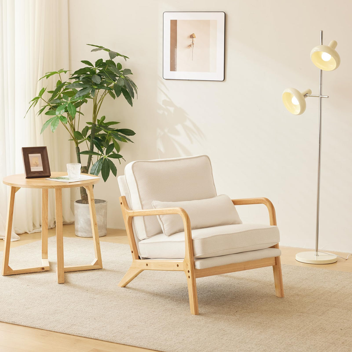 Bonnlo Coarse Beige Accent Chairs Set of 2, Upholstered Mid Century Modern Lounge Fabric Chairs Reading Chairs Side Sitting Chair Solid Wood Bonnlo