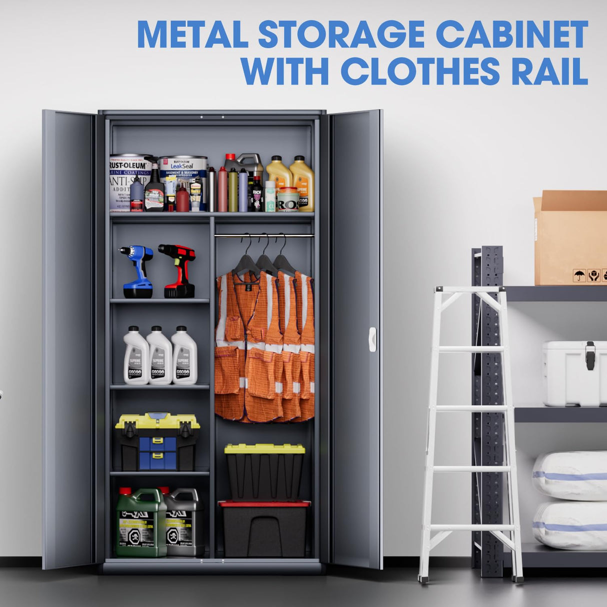 DNA MOTORING Metal Storage Cabinet, 72" Storage Wardrobe with Lock and Hanging Rod, Locking Cabinet Heavy Duty Utility Cabinet with 4 Shelves for Garage,Office,Home,Gym, Gray, TOOLS-00633-GY-GY DNA MOTORING