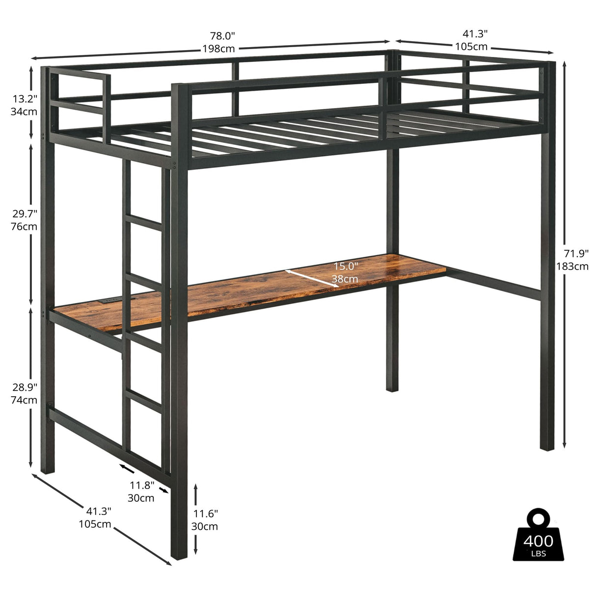 LIKIMIO Twin Loft Bed with Desk, Power Outlet, LED Lights – Space-Saving Metal Frame in Black LIKIMIO