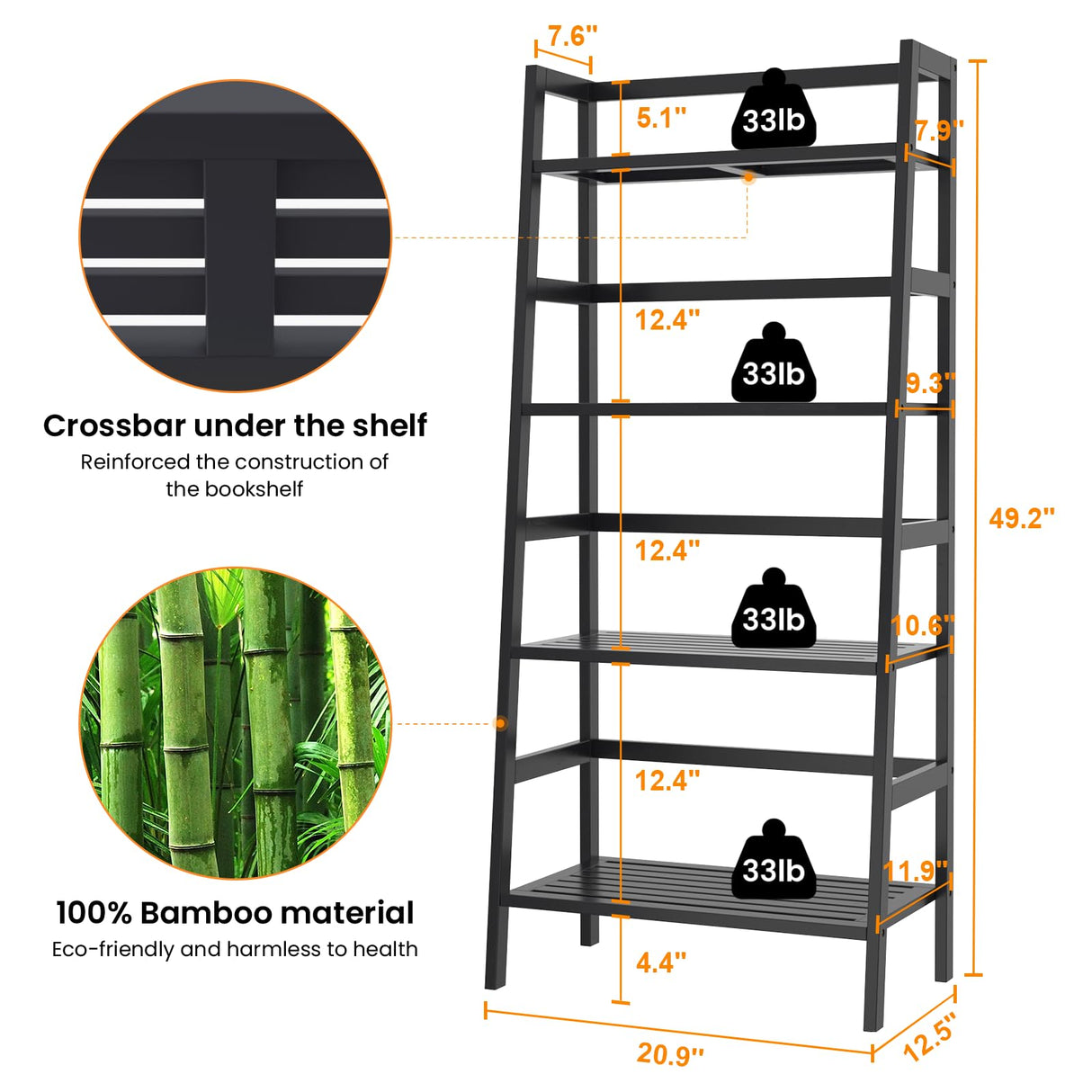 Homykic Bamboo Bookshelf 4-Tier Ladder Shelf, 49.2” Freestanding Open Bookcase Book Shelf Bathroom Storage Shelf Unit Plant Stand for Small Space, Living Room, Bedroom, Home Office, Black Homykic