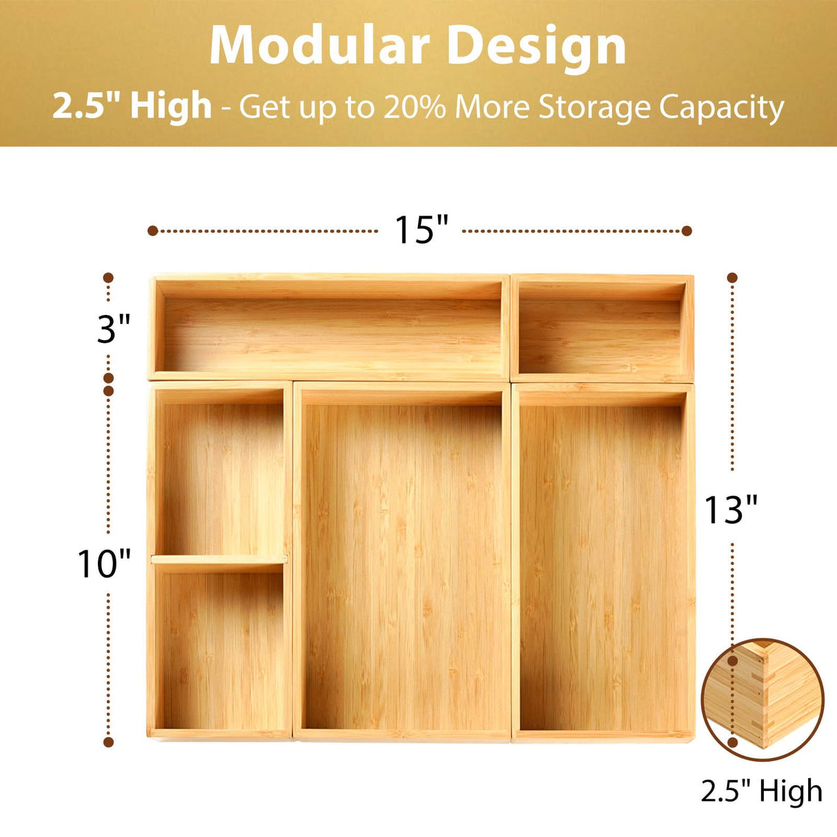 Umilife Drawer Organizer Storage Boxes, 2.5" High Bamboo Drawer Dividers, 5 Rearrangeable Bins for Kitchen, Office Desktop, Clothing, Makeup, vanity, Jewelry Umilife