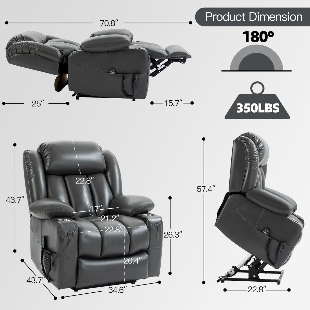EZZUP Lay Flat Lift Recliner Chair with Massage & Heat for Elderly People, Electric Power Lift Chair w/Dual Motor, 2 Stainless Steel Cup Holders and 2 Remote Controls, Breathable Faux Leather Grey EZZUP