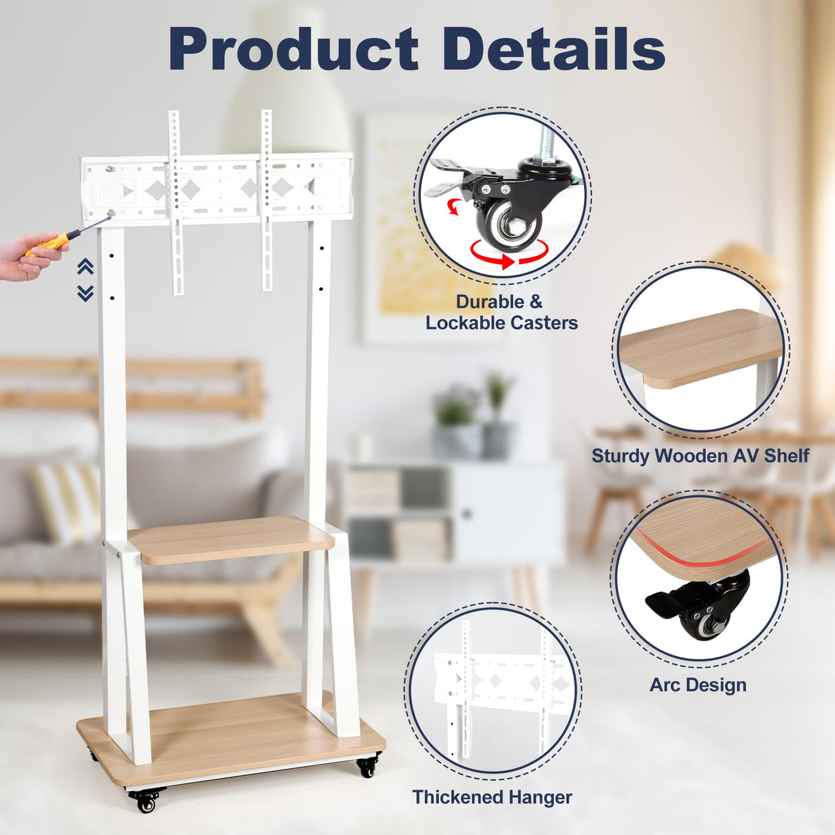 Mobile TV Stand Rolling TV Cart with Wheels for 32-75 Inch Flat/Curved Led/Lcd/Oled Portable Floor TV Stand with Laptop Wood Shelf Height Adjustable Heavy-Duty Holds up to 100lbs White Hellsehen