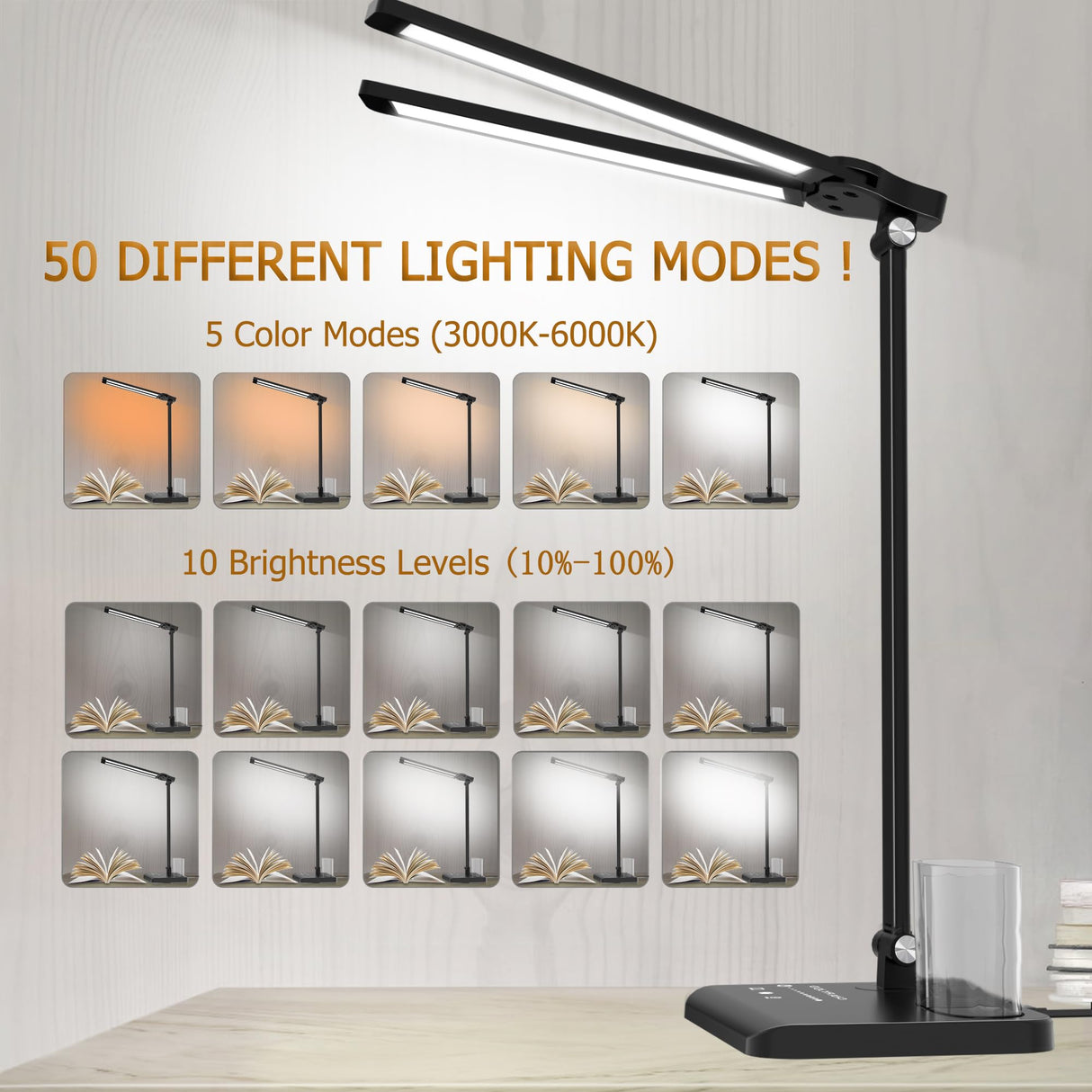 CHARYJOD Dimmable LED Desk Lamp with USB Charging Port, 50 Lighting Modes Dual Swing Arm Architect Table Lamp Light Desk Lamp for Home Office Dorm Piano Nail CHARYJOD