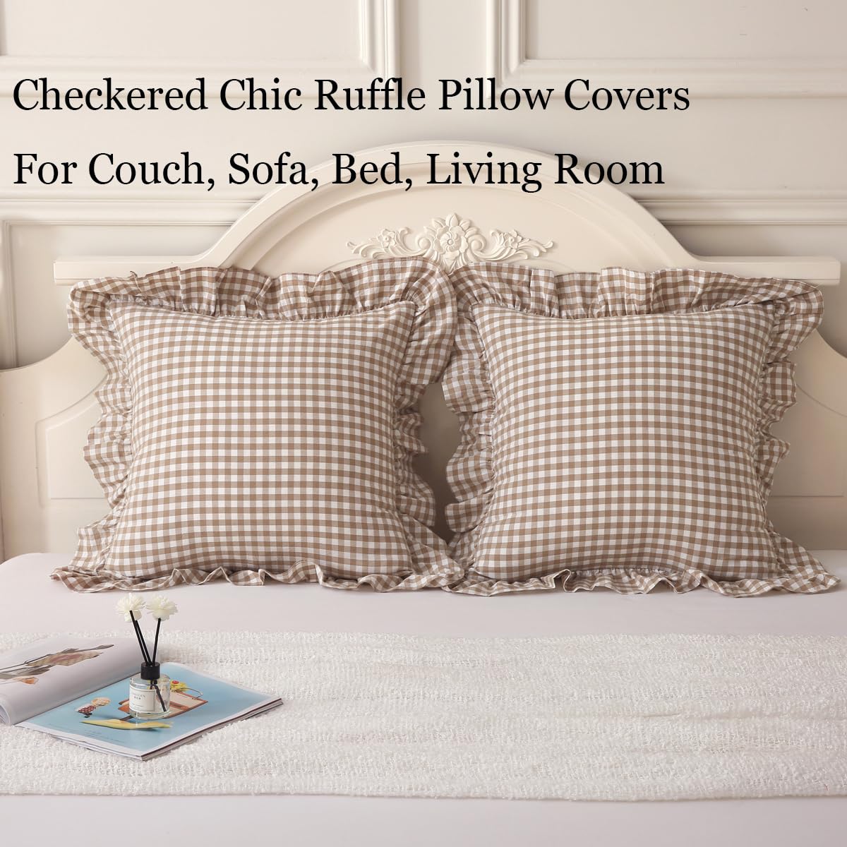 Silnuo 2 Pack Taupe/White Plaid Ruffle Throw Pillow Covers Farmhouse Checkered Chic Washed Cotton Pillowcases Gingham Pillow Shams for Bed, Sofa, Living Room-20"x20" Silnuo