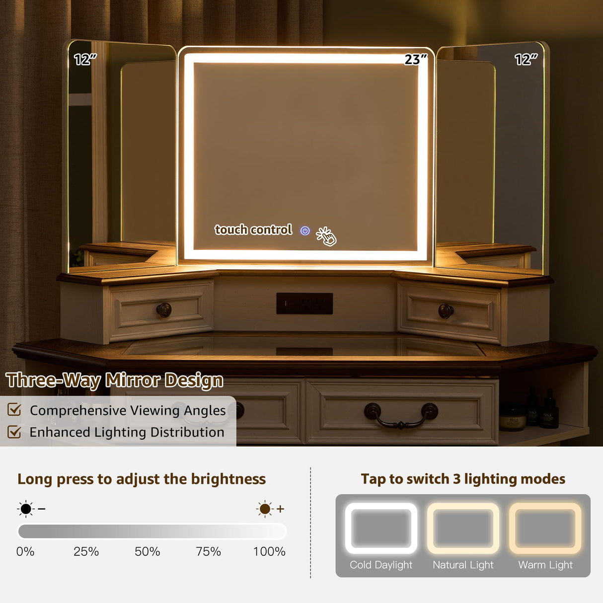 T4TREAM Makeup Vanity Desk 48" with 3 Way Mirror and Lights, Large Farmhouse Corner Vanity Dressing Table with Glass Top & Charging Station, 3 Drawers & 2 Storage Cabinets for Bedroom, Antique White T4TREAM