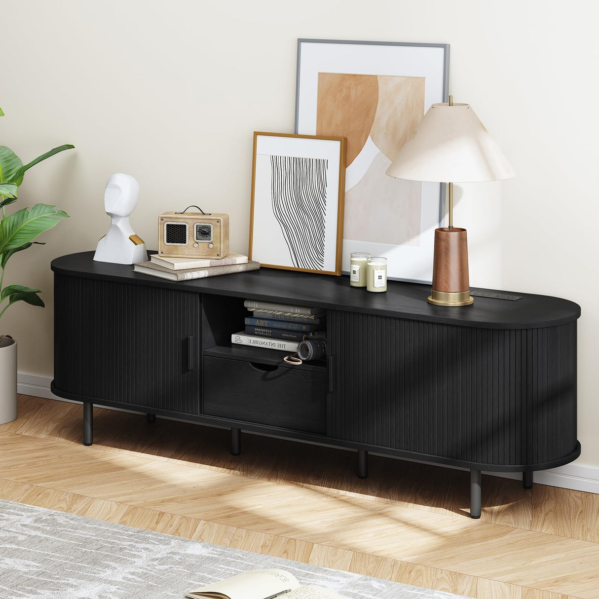 ONBRILL 69" TV Stand with Power Outlet for TVs up to 80", Entertainment Center with Storage and Drawer, TV Console with Adjustable Shelves and Sliding Door, TV Stand for Living Room, Bedroom, Black ONBRILL