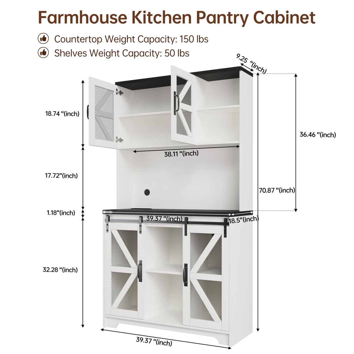 71" Tall Farmhouse Kitchen Pantry Storage Cabinet, Kitchen Storage Cabinets with LED Lights and Charging Station, Pantry Cabinet with Adjustable Shelves and Sliding Doors, Cupboard for Kitchen, White PPorfamilia