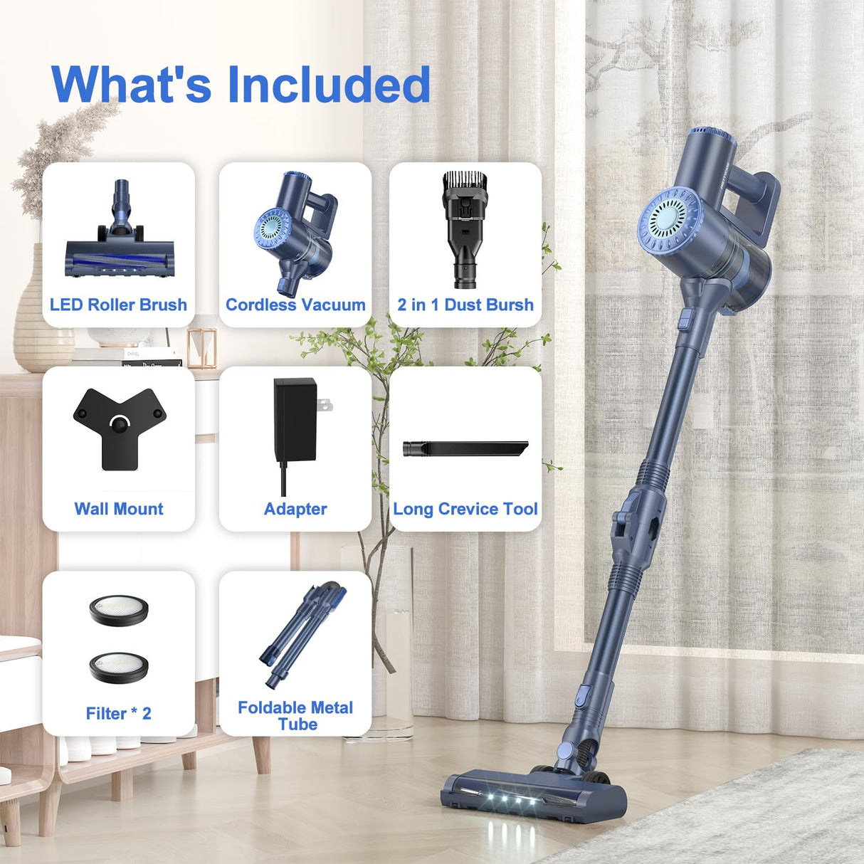 PRETTYCARELIFE Cordless Vacuum Cleaner, Lightweight Stick Vacuum Cleaner, 6 in 1, Self-Standing with Powerful Suction, 180° Bendable Wand Rechargeable Cordless Vacuum for Hardwood Floor (Blue) PRETTYCARELIFE