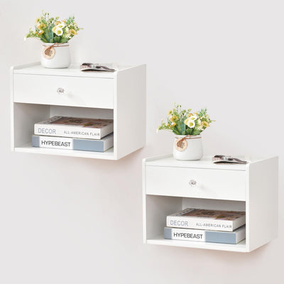 BWEISHOME Floating Nightstand Set of 2,Wall Mounted Nightstand,White Floating Night Stand with Drawer, Floating Bedside Table for Bedroom White KTZ04D