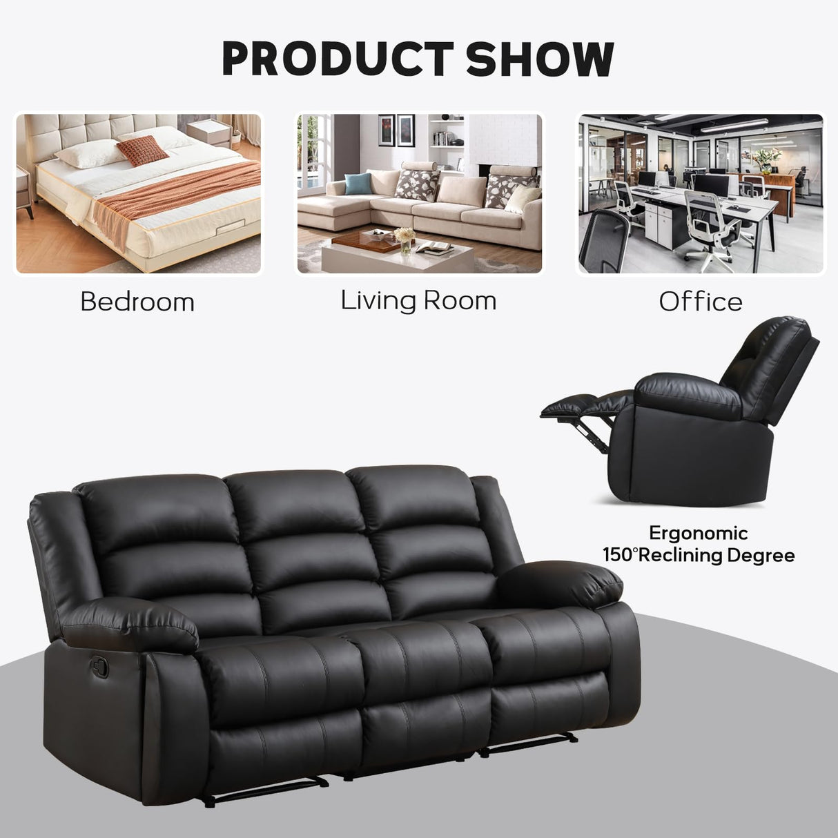 EBELLO Faux Leather Manual Reclining Sofa with 2 Concealed Cup Holders,Overstuffed Armrest 3 Seat Recliner Sofa, Couch for Living Room, Bedroom, Meeting Room, Black, Sofa EBELLO
